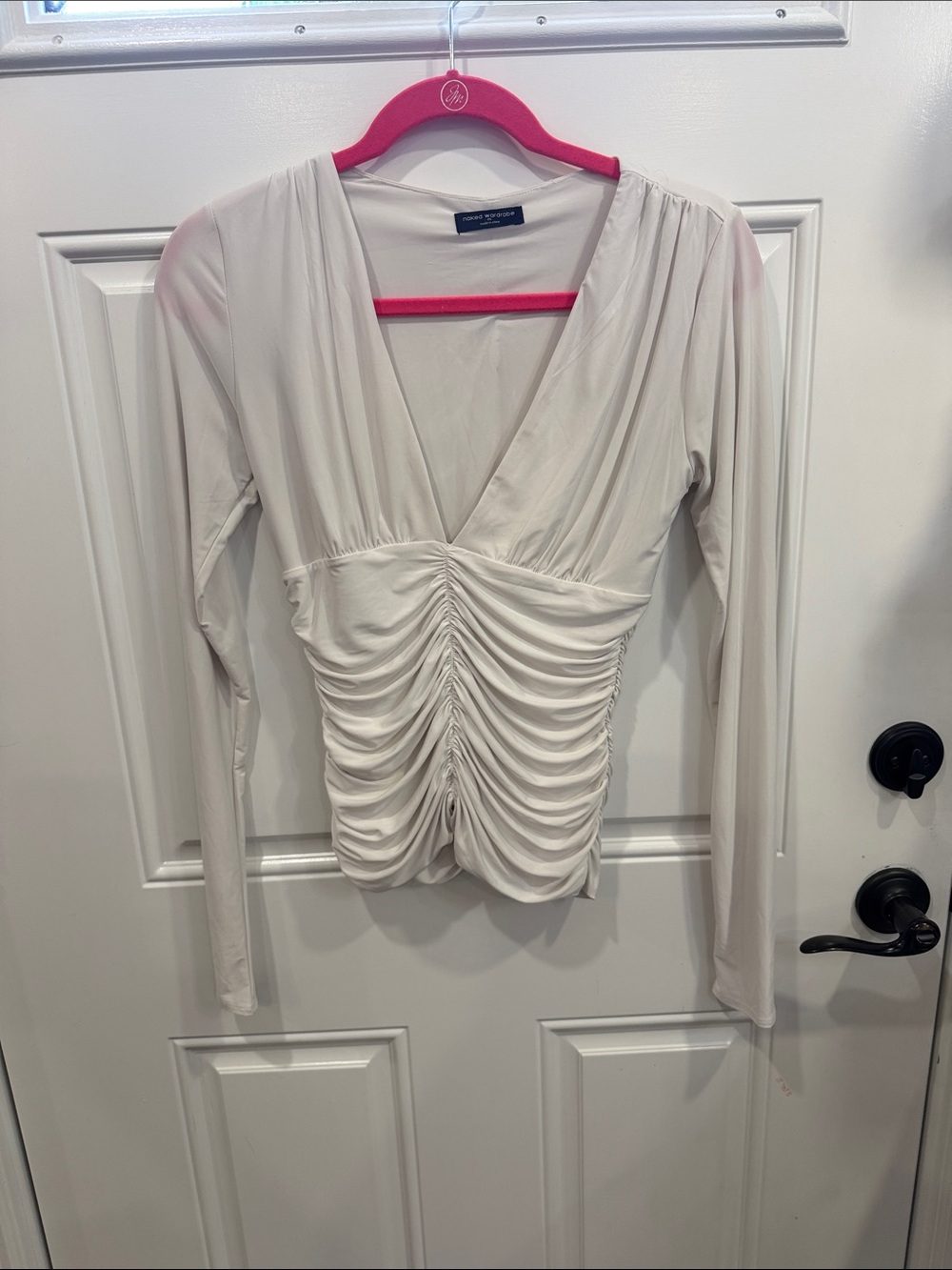 naked wardrobe Cream Ruched V-Neck Long Sleeve Top